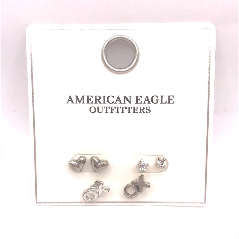 American Eagle Outfitters Silver Rhinestone Heart Stud Earrings Set
